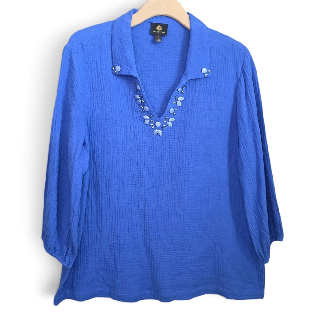 JM Collection Womens XL Blouse Royal Blue Textured Gauze Beaded Split V Neck Top